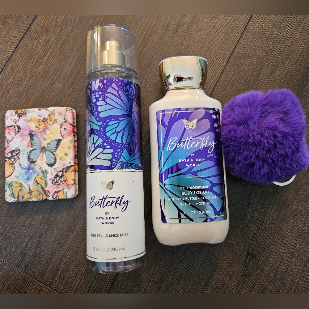 NEW Bath & Body Works Butterfly Collection Mist & Lotion + Mirror & Bag Charm - Picture 2 of 6